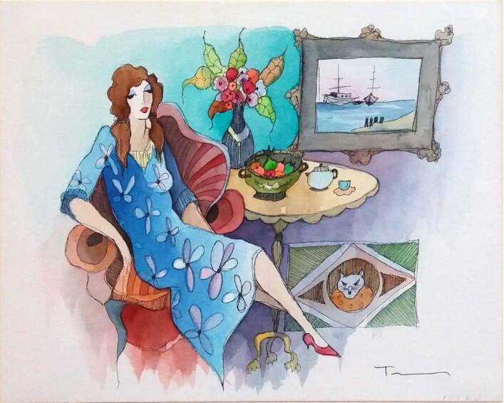 Itzchak Tarkay Portraiture Painting Blue Dress Watercolor IT343